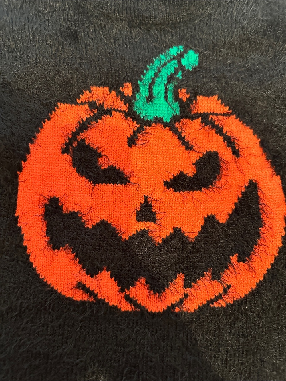 Black Fuzzy Cropped Turtleneck Sweater with Orange Pumpkin Graphic - Picture 4 of 4